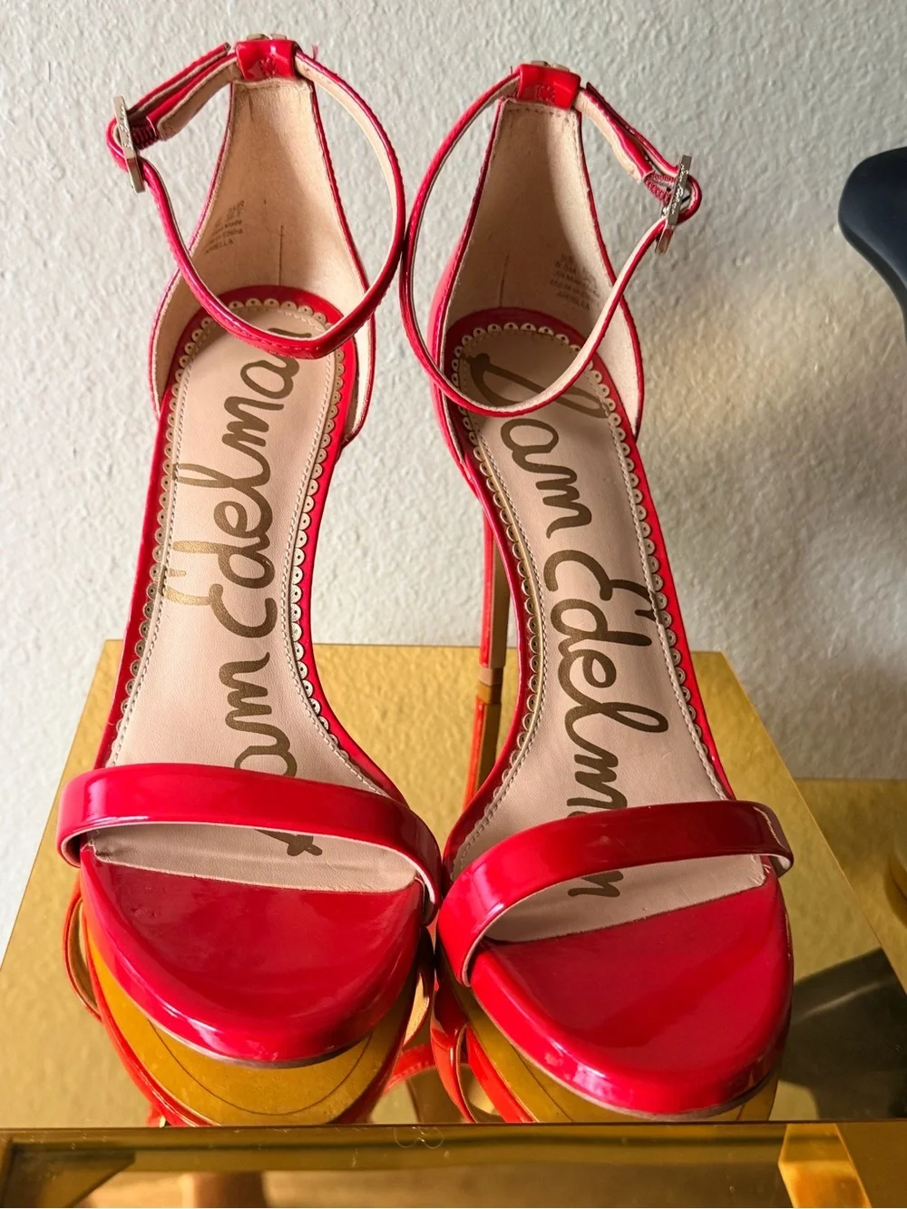 Sam Edelman Red Patent Ankle-Strap Heels with Gold Accents - Picture 8 of 13